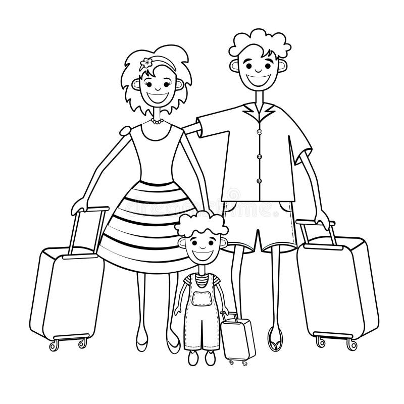 Family goes on vacation, coloring, silhouette, black and white linear drawing. Outline father, mother and child with suitcase trip vector illustration
