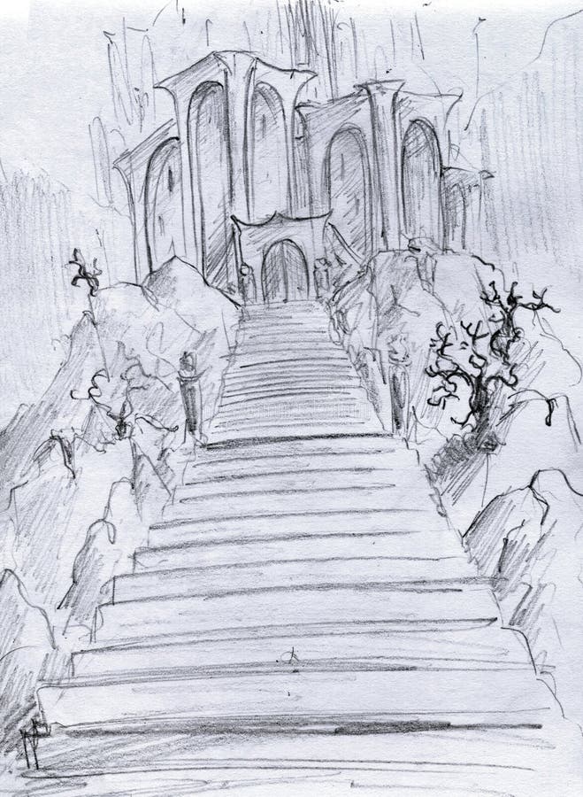 Fantasy castle. On the top of a mountain. Pencil drawing, sketch royalty free illustration