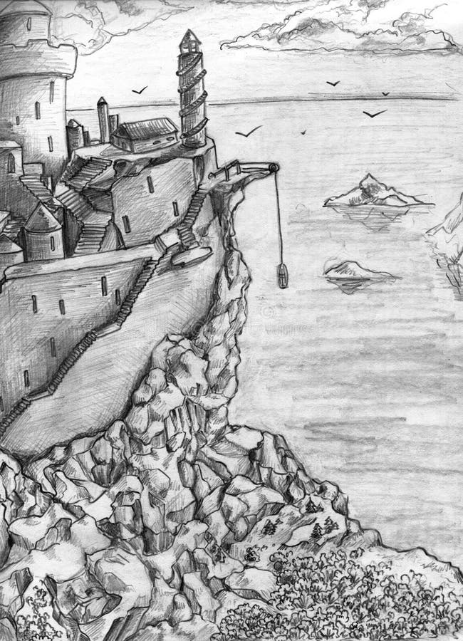 Fantasy castle - sketch. Fantasy castle standing on the rocky sea island where only scarce plants grow and seagulls fly. Pencil drawing, sketch stock illustration