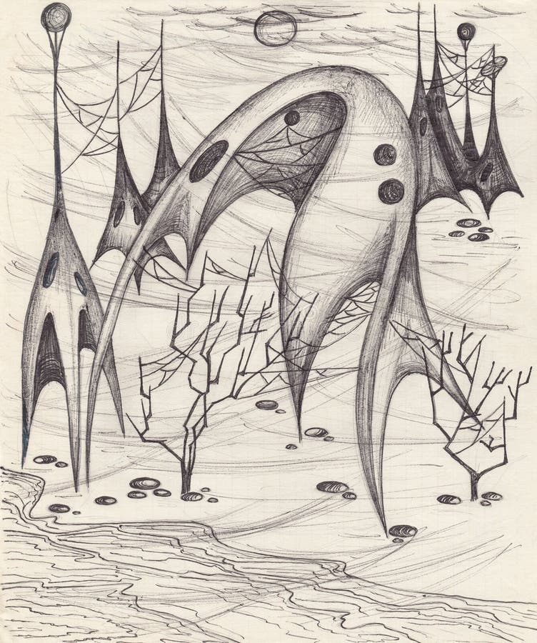 Fantasy city sketch, hand painted ink sketch illustration. Landscape view of another planet. Fantasy city sketch, hand painted by pen and pencil, hand drawn ink stock illustration Fantasy city sketch, hand painted ink sketch illustration. Landscape view of another planet. Fantasy city sketch, hand painted by pen and pencil, hand drawn ink stock illustration
