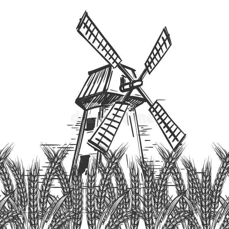 Farm landscape with mill and wheat stock illustration