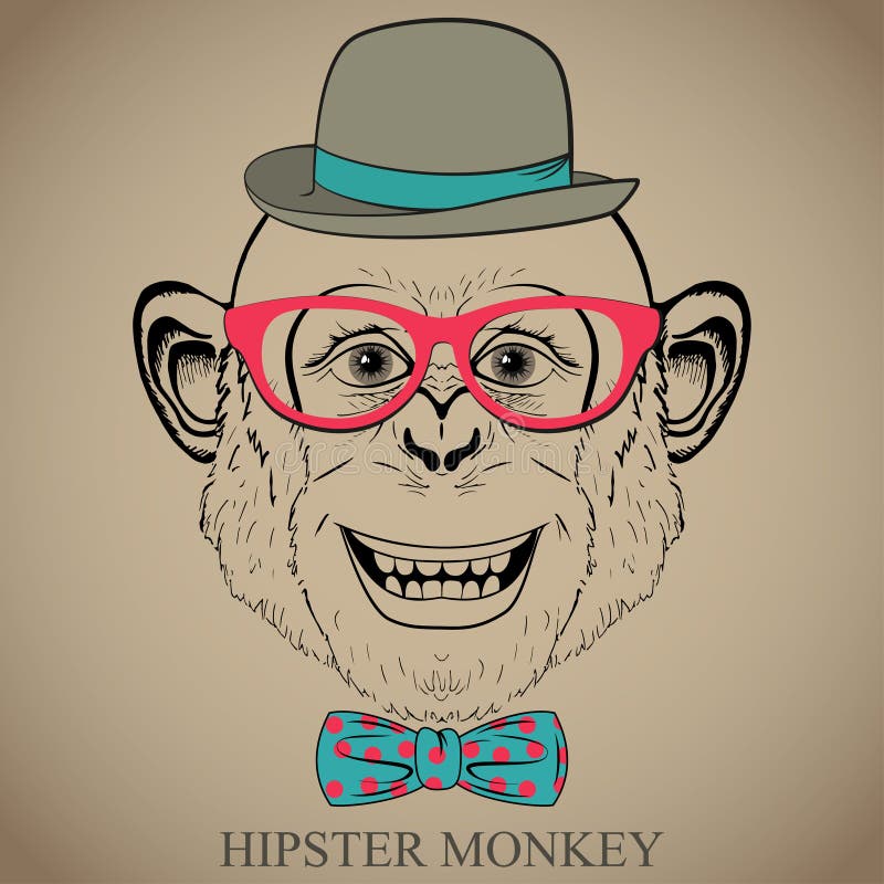 Fashion Hand Drawing Illustration of Monkey in Glasses, Bow Tie and Bowler Hat. Hipster look. Retro vintage style. Doodle style. Vector royalty free illustration