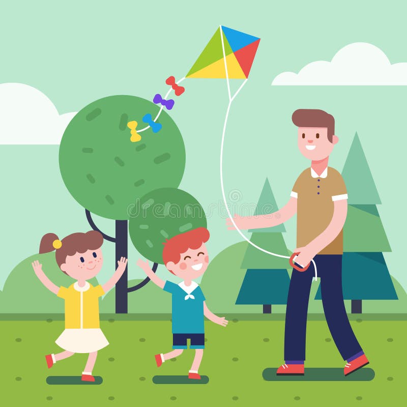 Father playing with kids and flying kite outdoors vector illustration Father playing with kids and flying kite outdoors vector illustration