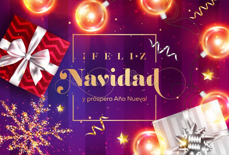 Feliz Navidad y prospero Ano Nuevo. Merry Christmas and Happy New Year in Spanish. Vector Greeting Card Template. royalty free illustration