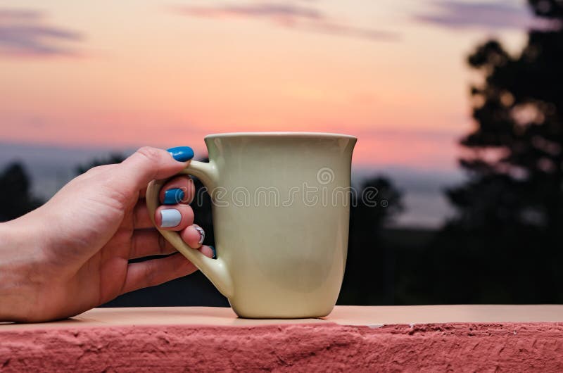 Female hand holding cup against setting sun. Copy space mock up.  stock images