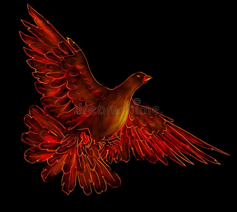 Fire bird - phoenix. Symbol of rebirth. Pencil drawing, sketch, made into flaming red tones on black royalty free illustration