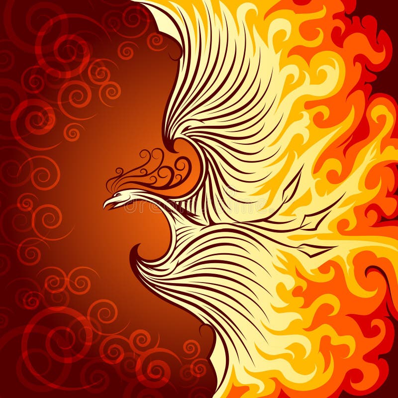 Fire Phoenix. Decorative illustration of flying phoenix bird. Phoenix in burning flame stock illustration
