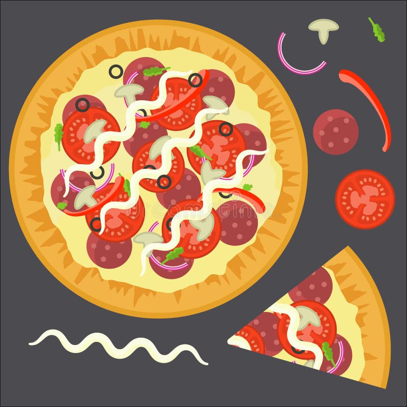 Flat delicious colorful full pizza with triangle slice and ingredients salami, mushrooms, tomato, pepper vector illustration
