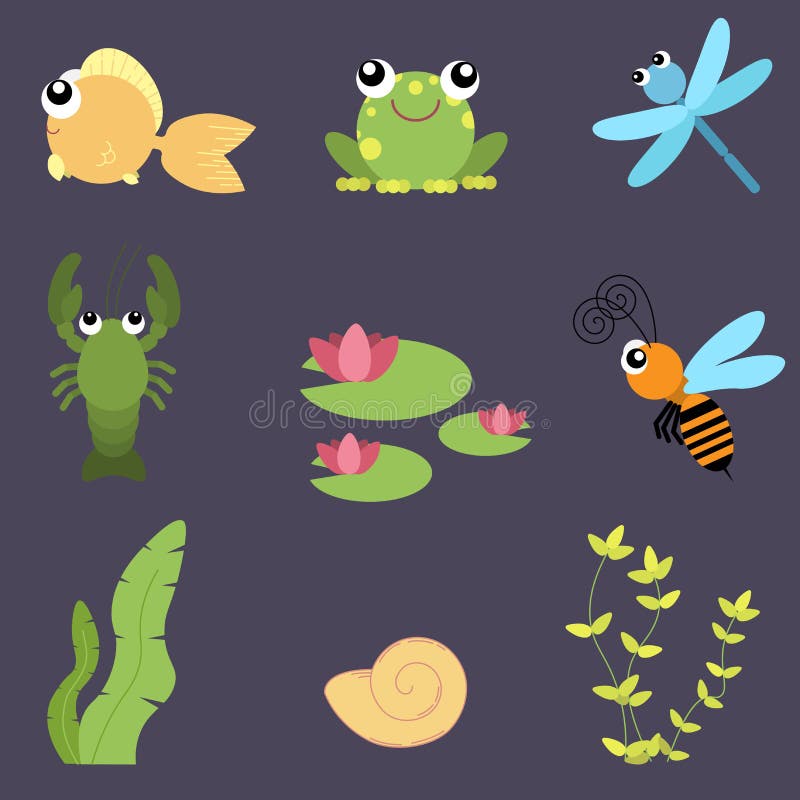 Flat design cute animals set. River life: fish, frog, dragonfly, crayfish, bee, water lily, shells. And seaweeds vector illustration