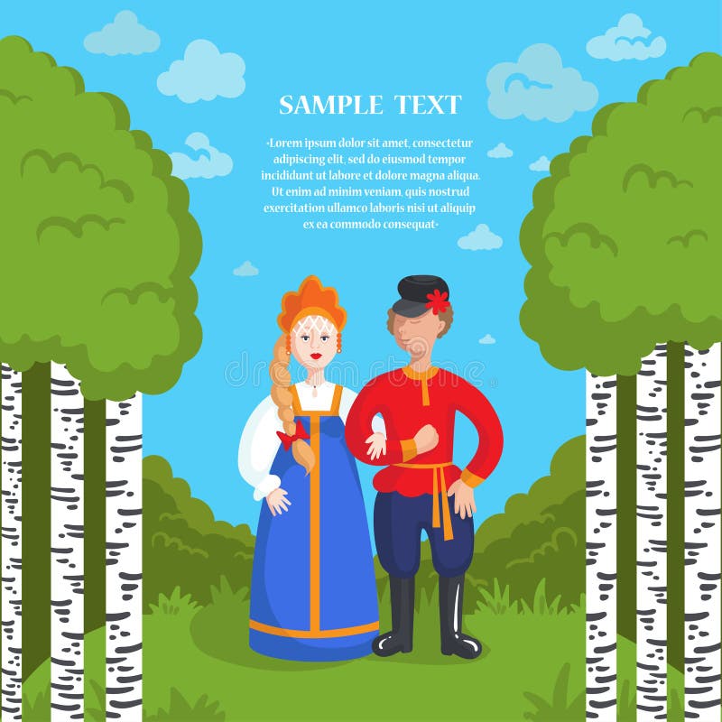 Flat style illustration on the theme of Russia and Russian nature. Colored background with woman and man in national costumes vector illustration