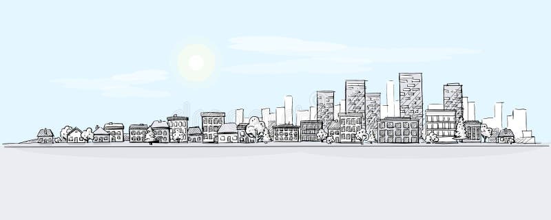 Urban Landscape Hand Drawing with City Skyline Background royalty free illustration