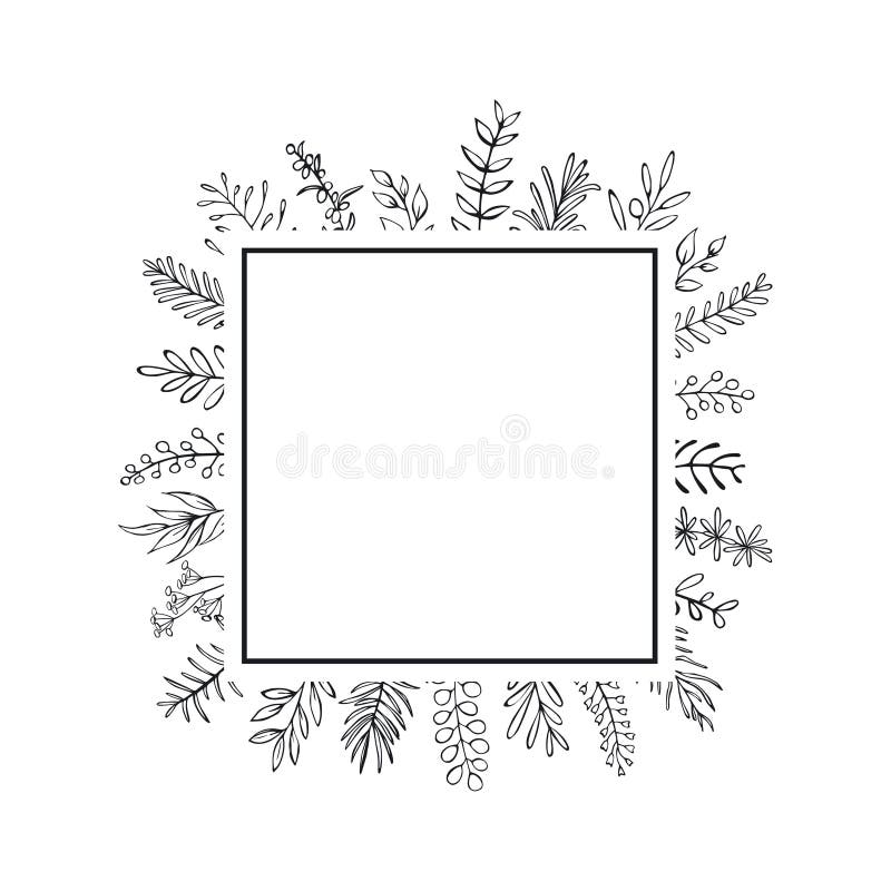 Floral hand drawn farmhouse style outlined twigs branches square frame black and white royalty free illustration Floral hand drawn farmhouse style outlined twigs branches square frame black and white royalty free illustration