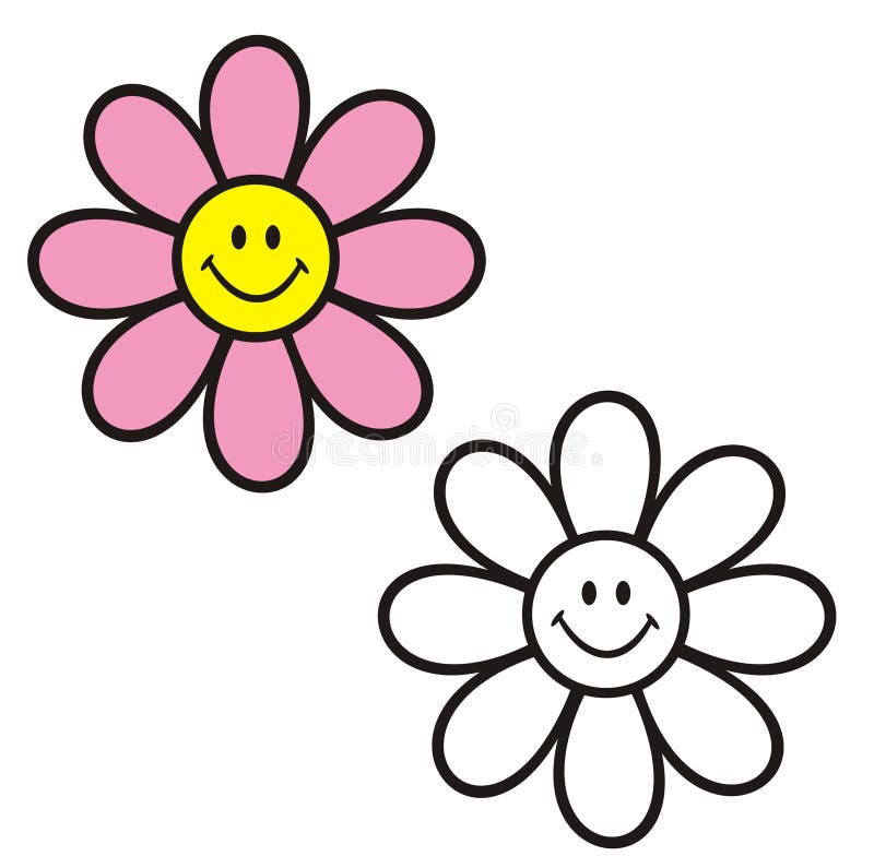 Flower with smiley face. Coloring book. Drawing with eight petals, one in color and another in black and white, so that children can paint and color while vector illustration