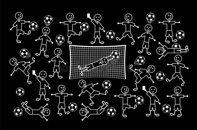 Composition of cartoon drawings of little men. Football and soccer. Vector drawing. Composition of cartoon drawings of little men. Football and soccer. Positive vector illustration