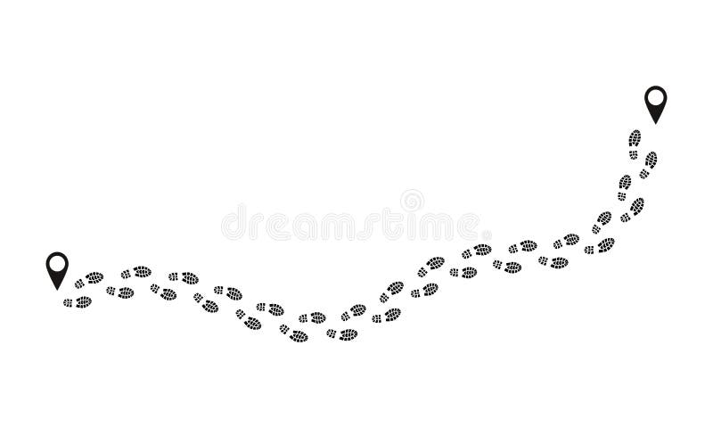 Footprint route. Human prints follow trail, funny people shoe steps, black footstep signs isolated on white. Vector foot. Shoeprints route stock illustration