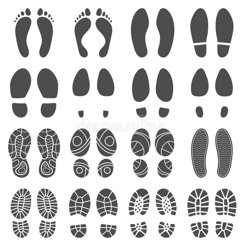 Footprints silhouettes. Barefoot steps prints, boots step and foot feet print isolated vector silhouette illustration. Footprints silhouettes. Barefoot steps royalty free illustration