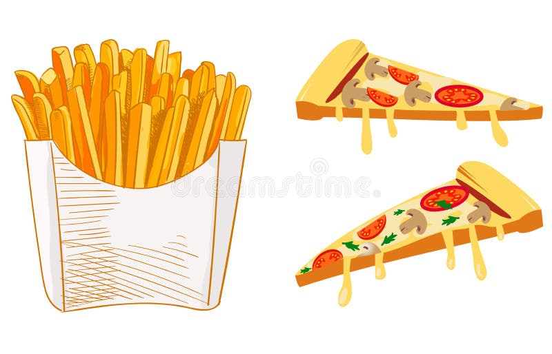 French Fries and pizza slice sketch, hand drawn fast food VECTOR illustration. Colored sketch. vector illustration