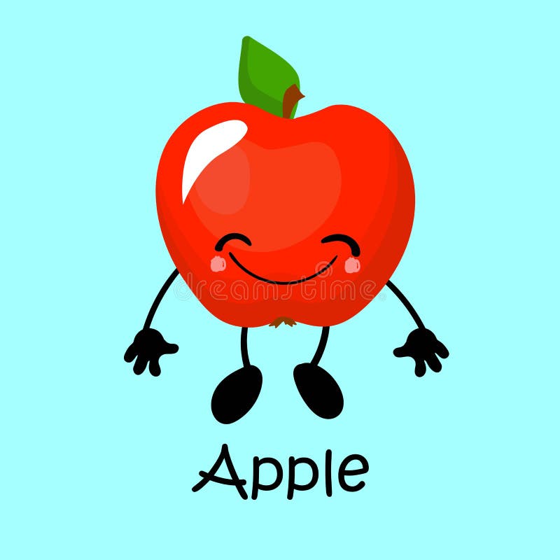 Fruit apple Character with face and smile. Card for teaching children. Healthy and wholesome food. vector illustration