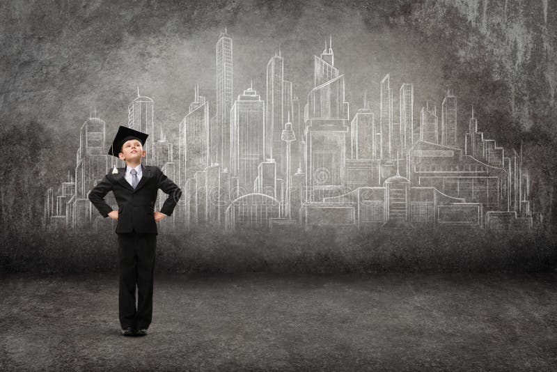 Full length of little student against modern city drawing. Full-length portrait of little student with hands on hips against modern city drawing. Concept of stock photos Full length of little student against modern city drawing. Full-length portrait of little student with hands on hips against modern city drawing. Concept of stock photos