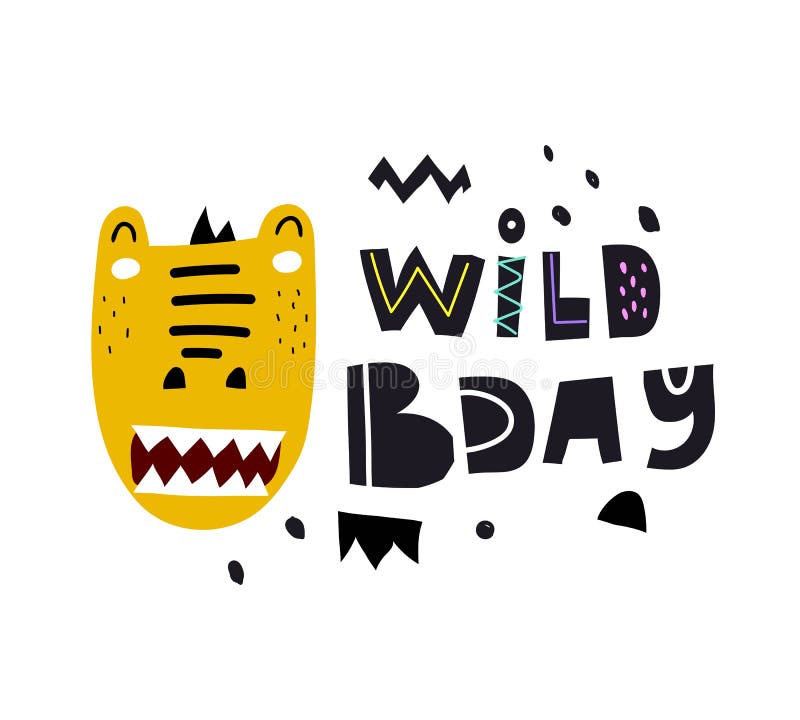 Funny crocodile, hand drawing lettering, decoration elements. Slogan wild bday. Birthday colorful vector flat style illustration f. Or kids. baby design for royalty free illustration