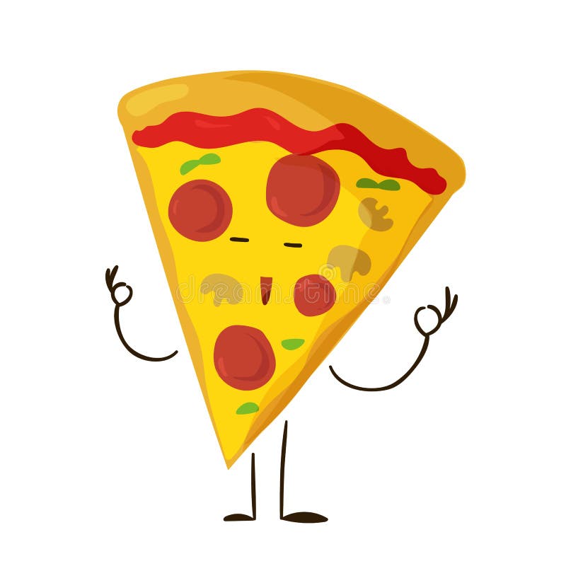 Funny fast food pizza slice icon. Vector illustration for restaurant pizzeria menu design. Italian cheese cartoon comic character. Delivery toppings on white stock illustration