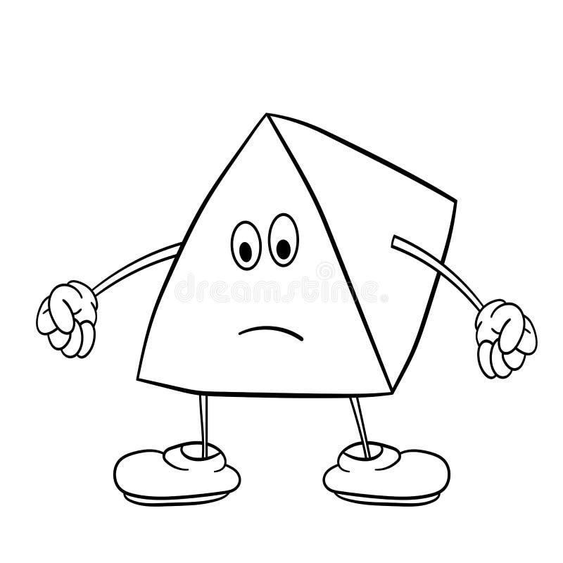 Funny triangle smiley with legs and eyes clenches his hands into fists. Coloring book for kids. Freehand drawing stock illustration