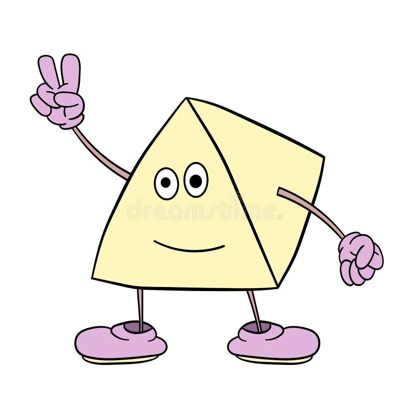Funny triangle smiley with legs and eyes shows two fingers up. Caricature color sketch. Freehand drawing stock illustration