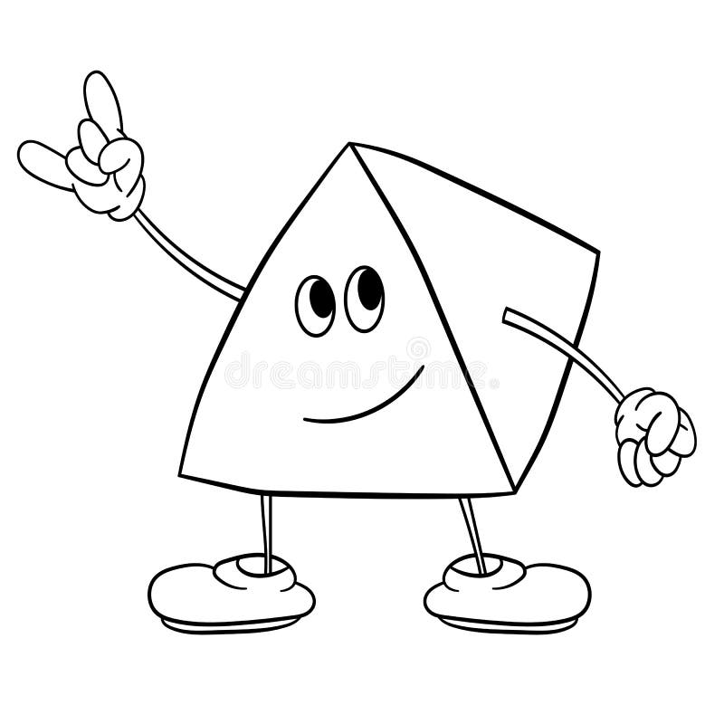 Funny triangle smiley with legs and eyes shows a victory sign. Coloring book for kids. Freehand drawing royalty free illustration