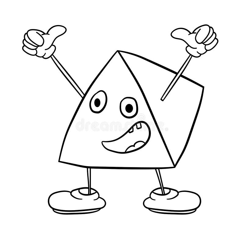 Funny triangle smiley with legs and eyes waving his arms and screaming happily. Coloring book for kids. Freehand drawing vector illustration