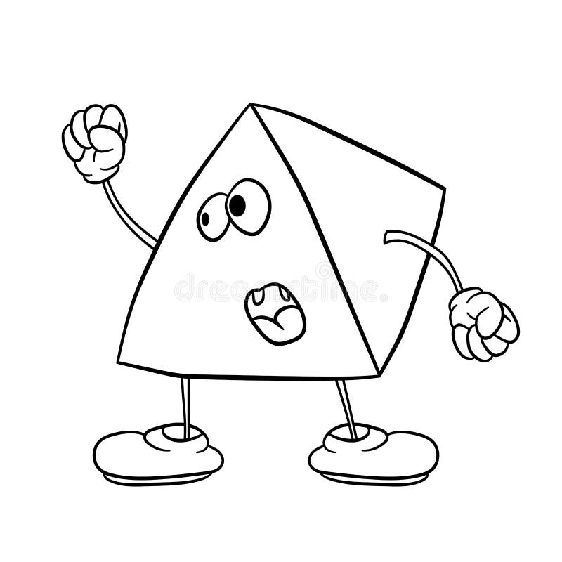 Funny triangle smiley with legs and eyes waving his fist and swearing. Coloring book for kids. Freehand drawing vector illustration