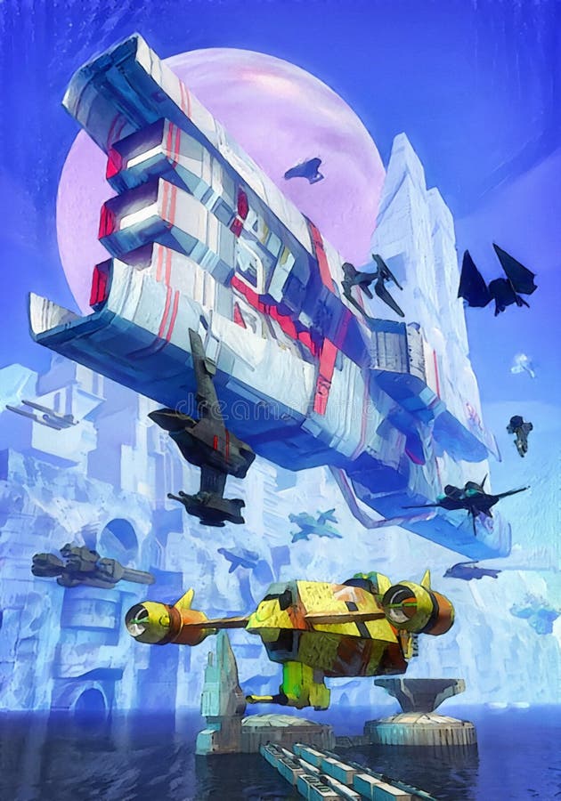 Futuristic city and spaceships painted. Science fiction illustration royalty free illustration Futuristic city and spaceships painted. Science fiction illustration royalty free illustration