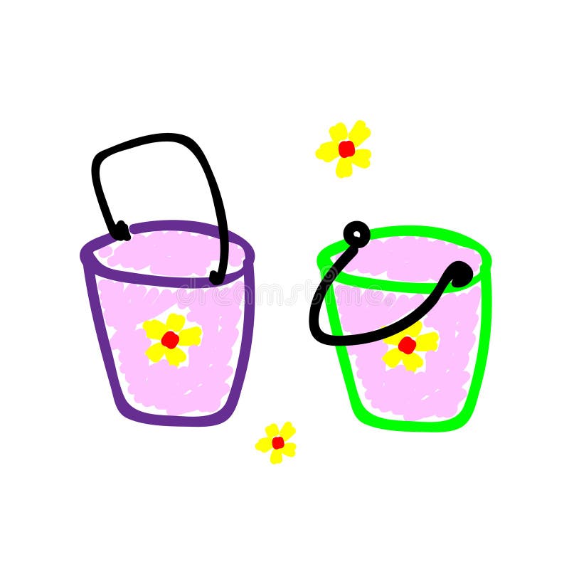 Gardening or beachfront pink bucket childrens toy for sand in a deliberately childish style. Imitation child drawing. Sketch, royalty free illustration