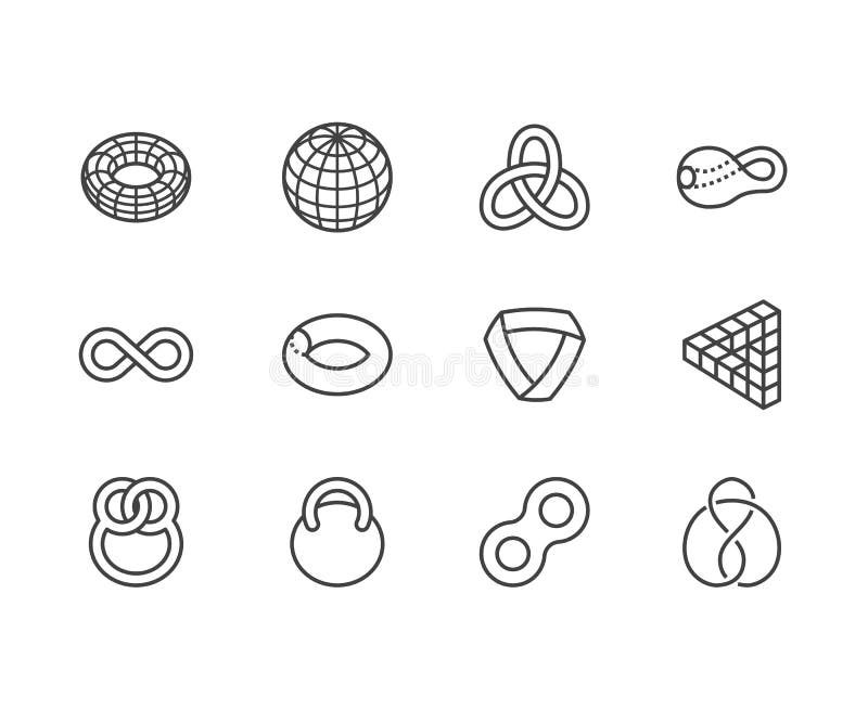 Geometric shapes flat line icons set. Topology figures sphere, torus, mobius strip, klein bottle vector illustrations vector illustration