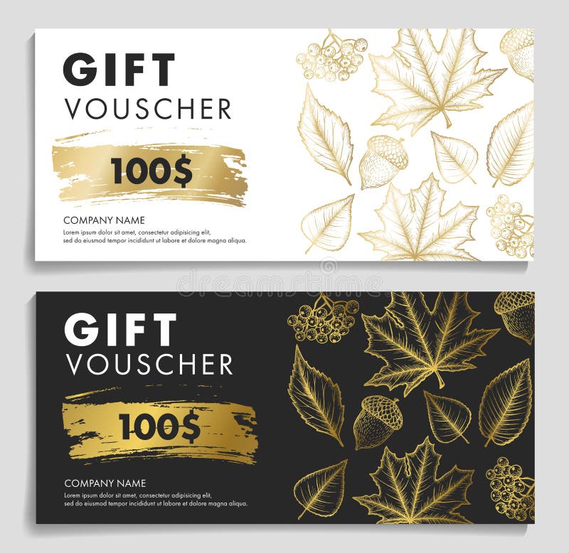 Gift Voucher woth autumn leaves and acron in gold and black and white colors. Modern hand drawn graphic royalty free illustration