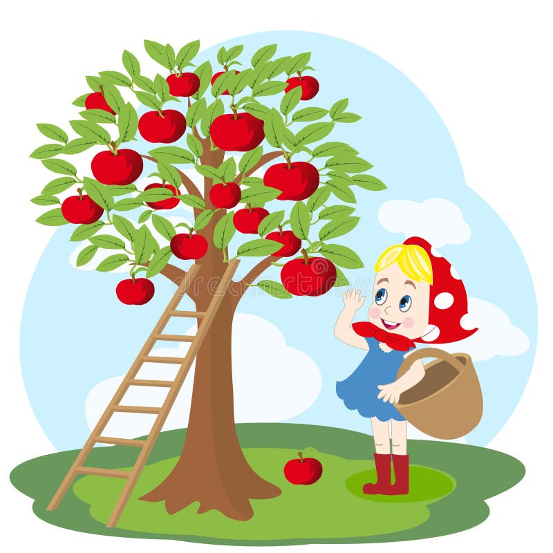 Girl with basket and apple tree stock illustration