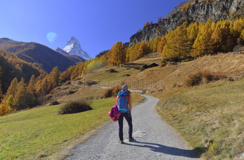 Girl on hiking trail and autumn scene in Zermatt with Matterhorn mountain in background. royalty free stock photos