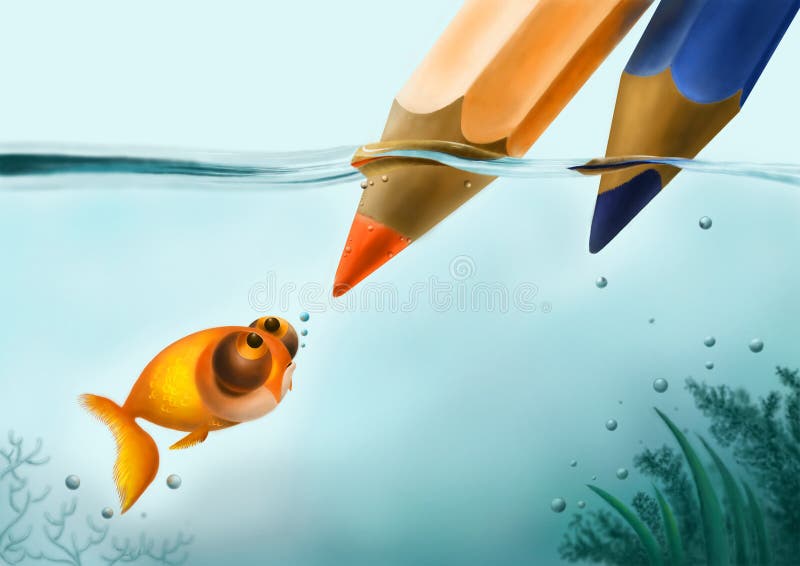 Goldfish in an aquarium. Beautiful goldfish looks at colored pencils in an aquarium with algae royalty free illustration