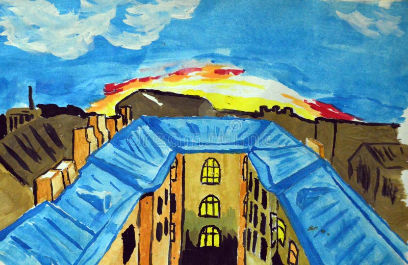 Gouache painted city roofs on the dawn background. Illustration with gouache paints, view from above, view of the city, color drawing stock illustration Gouache painted city roofs on the dawn background. Illustration with gouache paints, view from above, view of the city, color drawing stock illustration