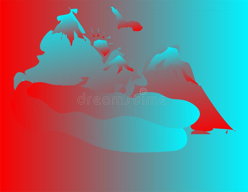 Gradient art volcano background. Drawing volcano complex mountains without outlines in two colors turquoise and red contrast great for backgrounds vector illustration