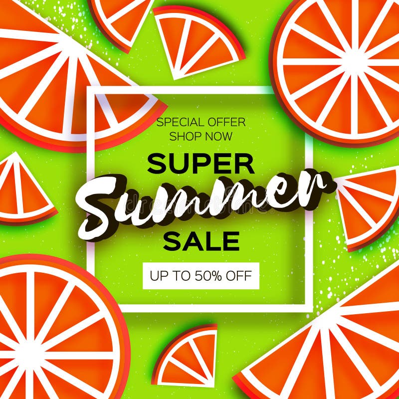 Grapefruit Super Summer Sale Banner in paper cut style. Origami juicy ripe red citrus slices. Healthy food on green vector illustration