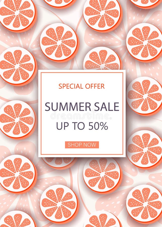 Grapefruit Super Summer Sale Banner in paper cut style. Origami juicy ripe red citrus slices. Healthy food. Square frame for text royalty free illustration