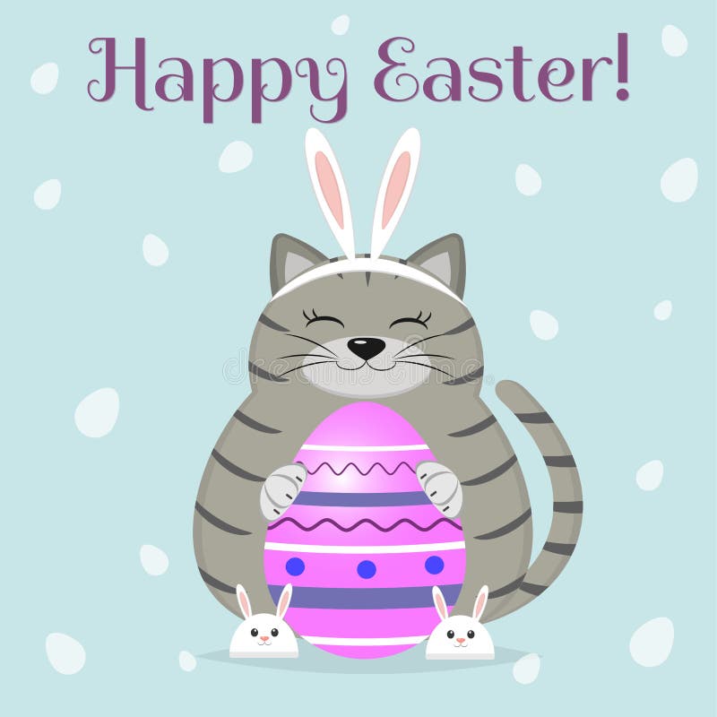 A gray cat in the ears and slippers of a rabbit sits and holds a purple Easter egg. Happy Easter. vector illustration
