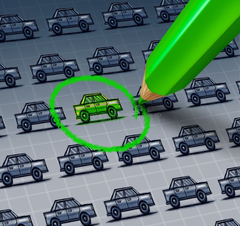 Green Car Choice. Concept as a drawing of a group of automobiles with a green pencil drawing a circle around an ecologicaly responsible vehicle vector illustration