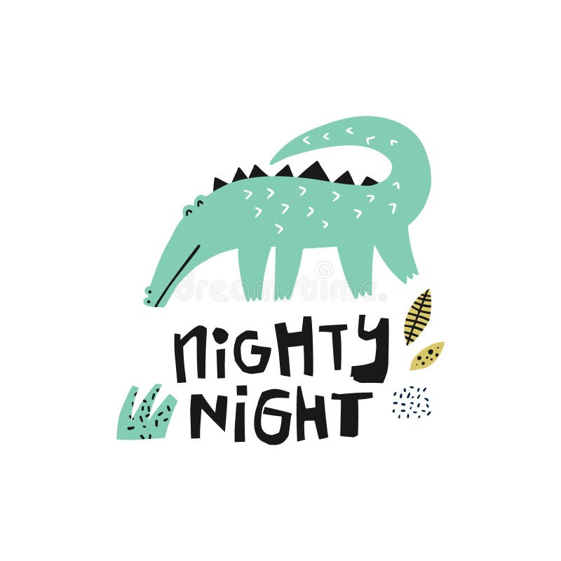 Green crocodile hand drawn illustration. Alligator flat character. Nighty-night lettering. Jungle, rainforest fauna. Gator, croc clipart. Zoo, safari reptilian royalty free illustration