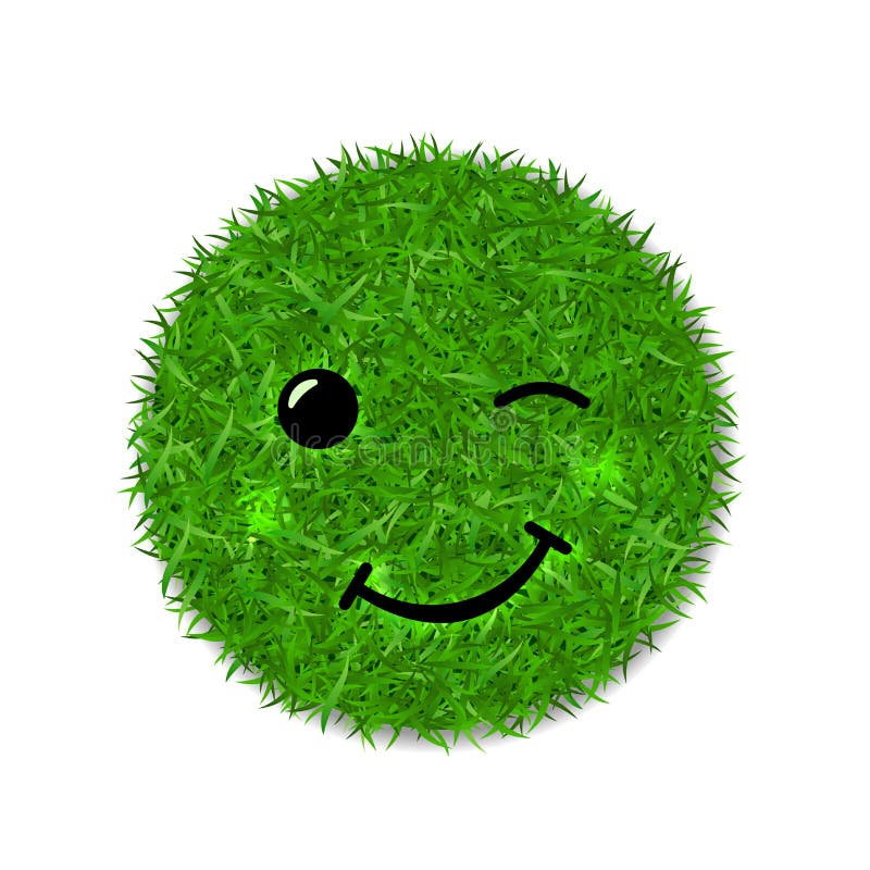 Green grass circle field 3D. Face wink smile. Smiley grassy emoticon icon, isolated white background. Smiling sign. Symbol ecology, eco lawn, safe nature royalty free illustration
