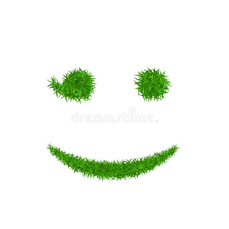 Green grass face wink smile. Smiley grassy emoticon icon, isolated white background. Happy smiling sign. Symbol ecology. Eco lawn, safe nature, happy emotion stock illustration