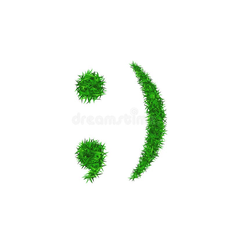 Green grass face wink smile. Smiley grassy emoticon icon, isolated white background. Happy smiling sign. Symbol ecology. Eco lawn, safe nature, happy emotion vector illustration