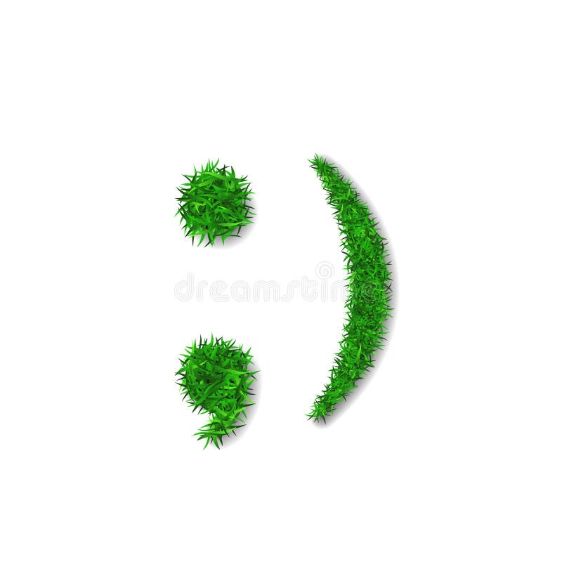 Green grass face wink smile. Smiley grassy emoticon icon, isolated white background. Happy smiling sign. Symbol ecology. Eco lawn, safe nature, happy emotion vector illustration