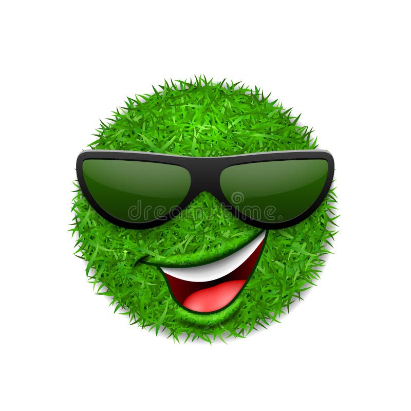 Green grass field 3D. Face wink smile with sunglasses. Smiley grassy emoticon icon isolated white background. Happy. Smiling sign. Symbol ecology, safe nature stock illustration