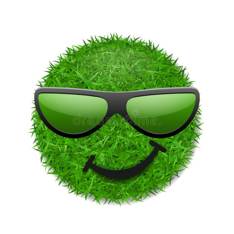 Green grass field 3D. Face wink smile with sunglasses. Smiley grassy emoticon icon isolated white background. Happy. Smiling sign. Symbol ecology, safe nature vector illustration